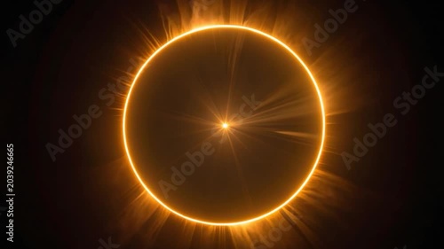 An orange ring around a dark center with light rays, suggestive of a solar eclipse