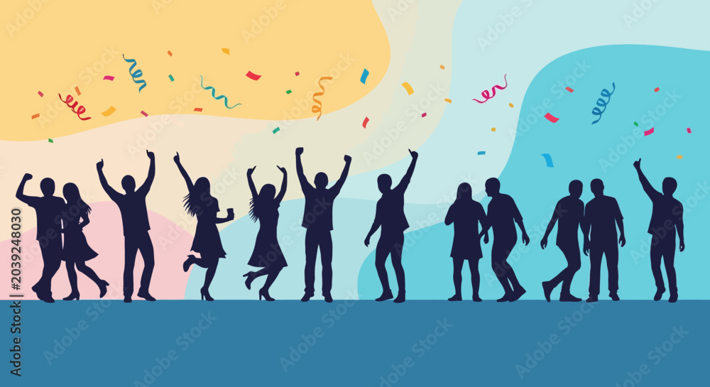Obraz premium Group of People Celebrating with Confetti Silhouette Illustration
