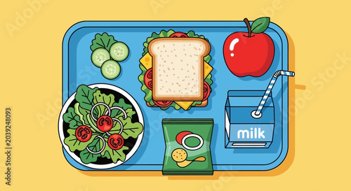 Healthy School Lunch Tray Illustration with Sandwich Salad Milk and Fruit