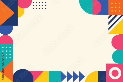 Abstract geometric frame background with colorful bauhaus shapes. Vivid memphis style border template for presentation, banner, card, or poster design.