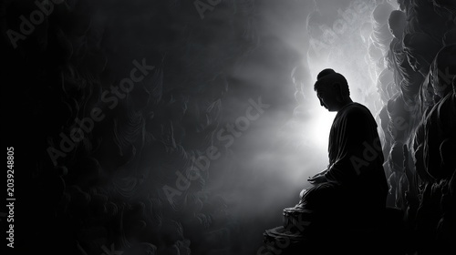 Silhouette of a Buddha statue illuminated by soft light inside a dark, textured cave, evoking peace and spirituality.