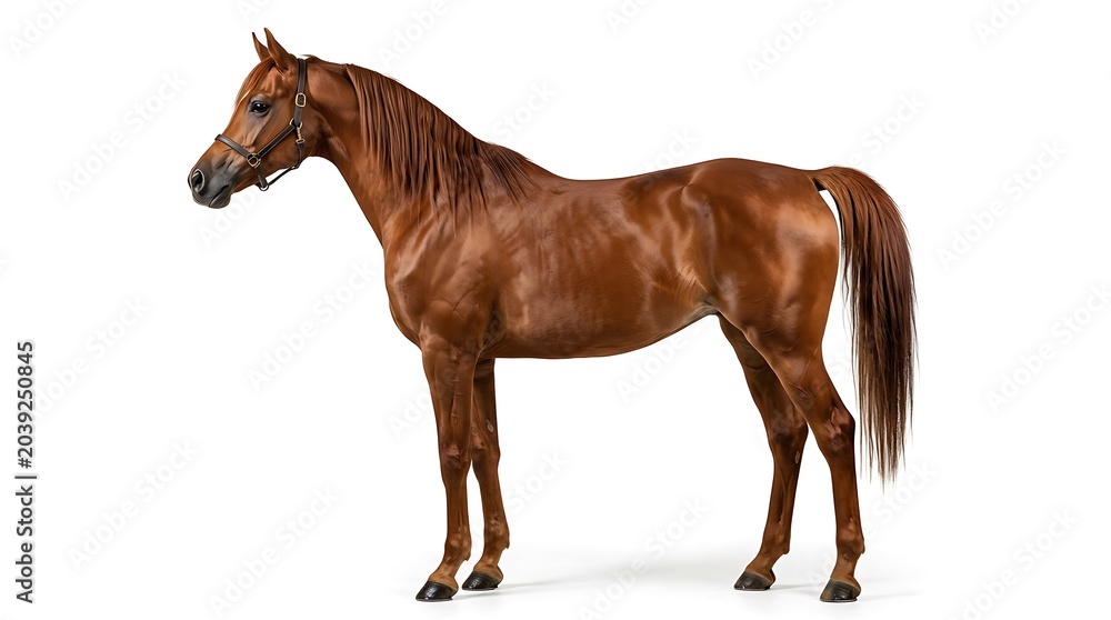 Fototapeta premium A brown horse stands isolated on a white background looking sideways.