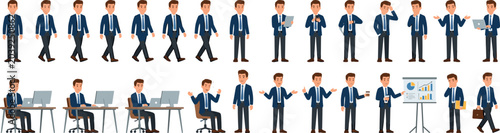 Cartoon Vector Businessman Character Pose Set with Office Work Walking Gestures and Presentation Scenes