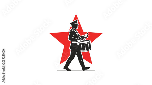 Foto Drummer Soldier Silhouette with Red Star Background