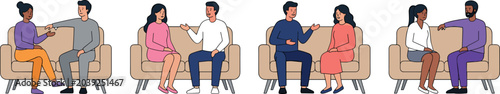 Flat Vector People Conversation Set with Couples Sitting on Sofas for Counseling Therapy and Relationship Design