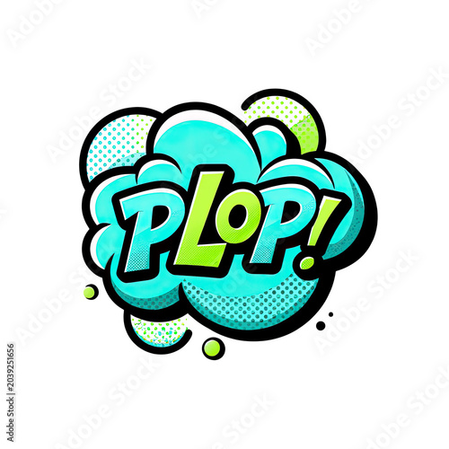 cartoon sound effect word plop with splashing bubbles isolated on transparent background