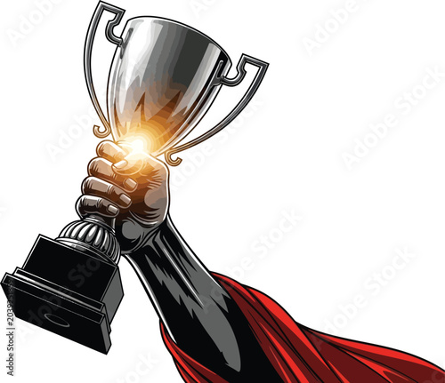 Hand in superhero costume holding up a gleaming silver trophy with red cape