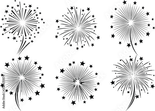 Set of six black silhouette fireworks explosions with stars on white background