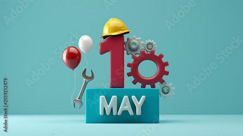 International Workers Day social media post template featuring 3D claymorphism 1 MAY typography tools and balloons with copy space for greeting cards