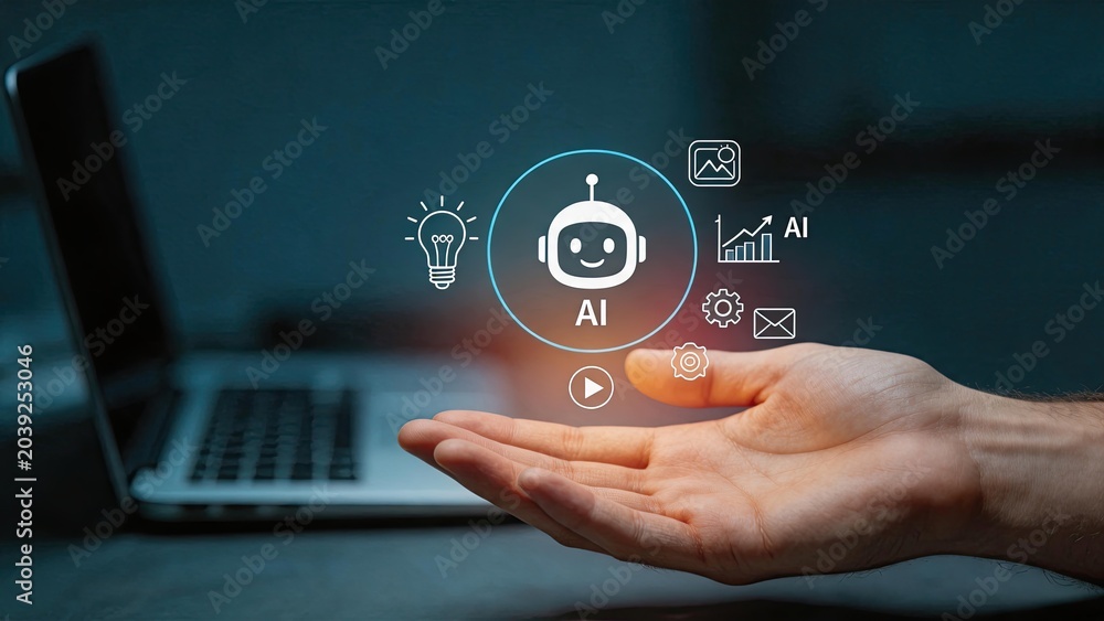 Fototapeta premium Artificial intelligence AI innovation concept with robot icon and lightbulb symbol, hand presenting digital technology solutions, machine learning automation and smart data