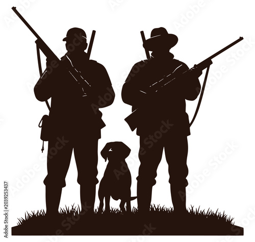 Silhouette of two hunters with rifles and a dog standing on grass