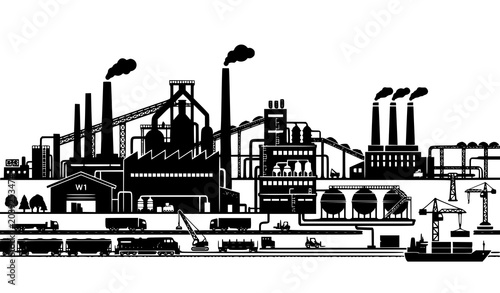 Tableau sur toile Industrial Factory Manufacturing Plant Silhouette Skyline Vector Illustration
