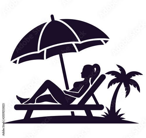 woman relaxing on beach chair under umbrella by palm tree