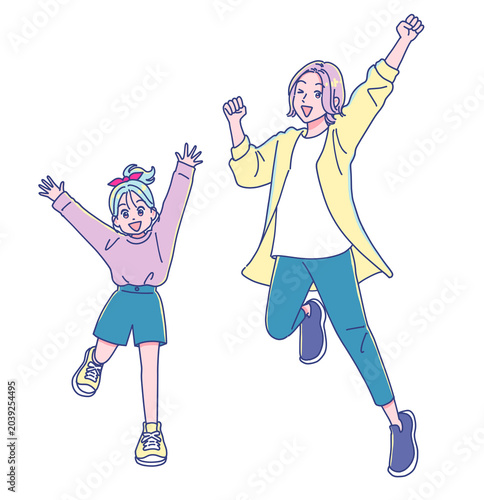 元気にジャンプするお母さんと女の子
