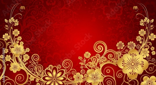 Chinese pattern golden floral swirls and ornate decorative frame on deep red background