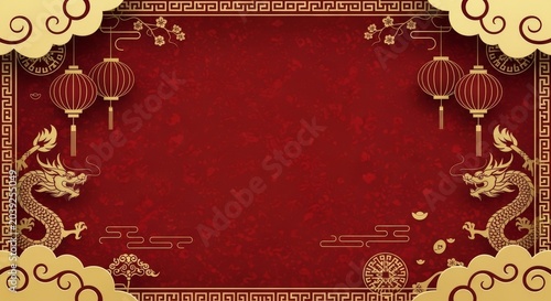 Chinese pattern traditional red and gold chinese new year festive frame with dragons and lanterns