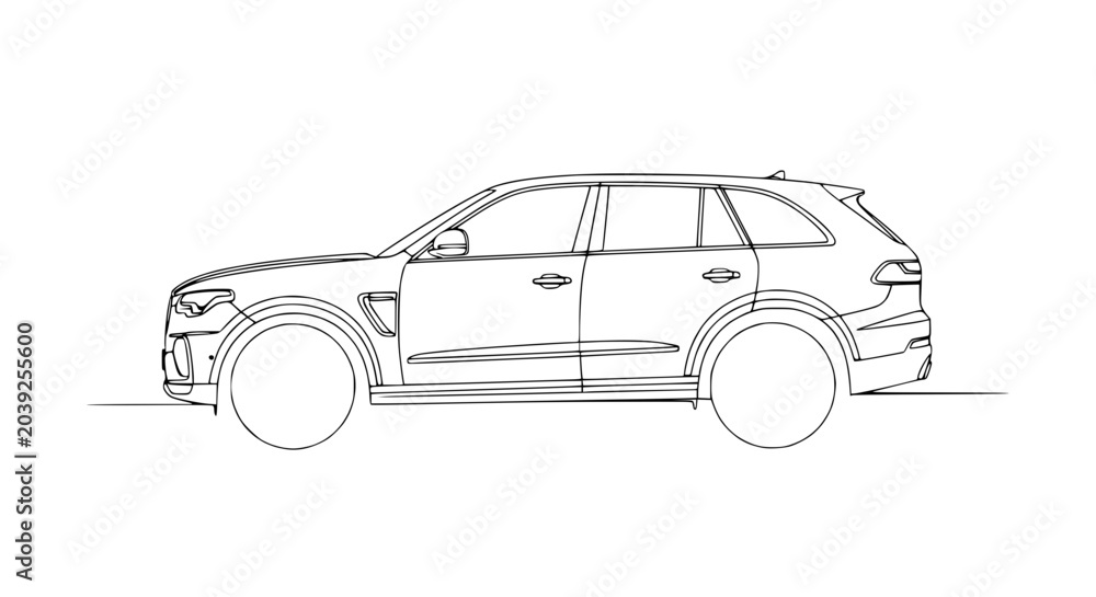Naklejka premium Modern SUV outline drawing, side view, minimalist sketch, clean lines, automotive design concept