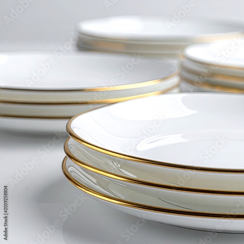 Elegant white plates with gold rims, stacked