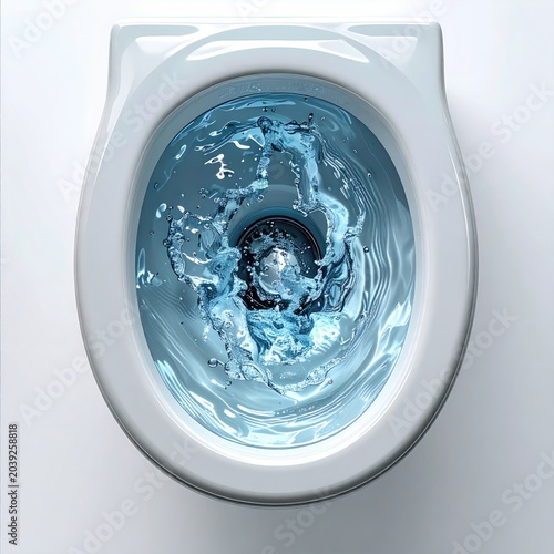 Top-down view of swirling water in a white toilet bowl