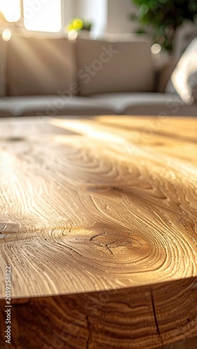 Close-up of wood table in sunlight with sofa