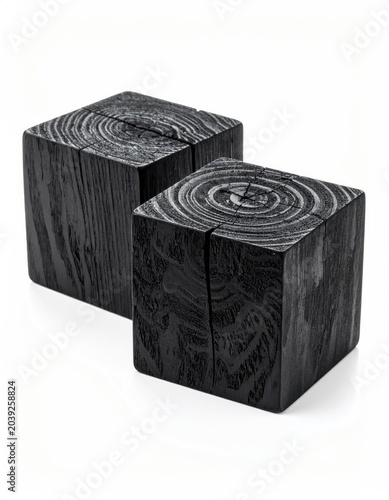 Two dark, textured wooden blocks isolated on white