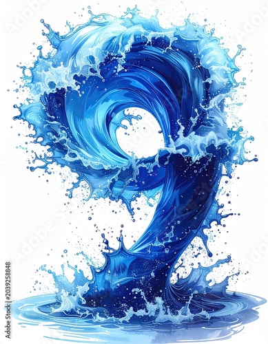 A swirling, splashing water shape forms the number nine