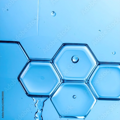 Hexagonal formation with liquid, blue hues