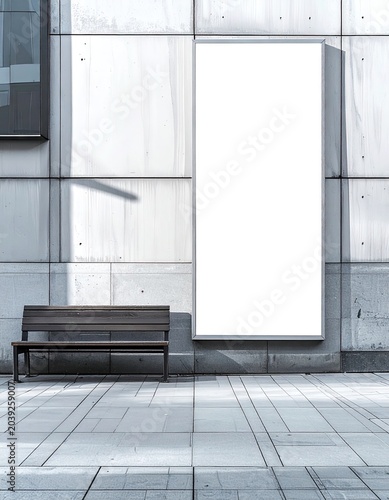 Urban scene with a bench, blank ad, and building