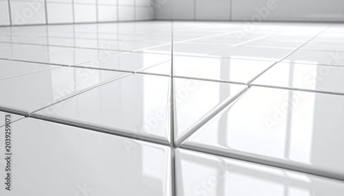 Shiny white tiled floor & wall corner, clean and bright