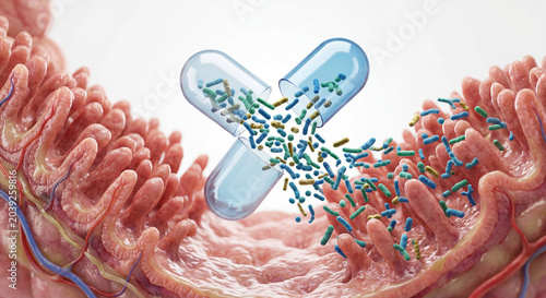 Medical illustration of a probiotic capsule releasing beneficial bacteria into the intestine, representing digestive health, microbiome support, nutrition, and gastrointestinal wellness.