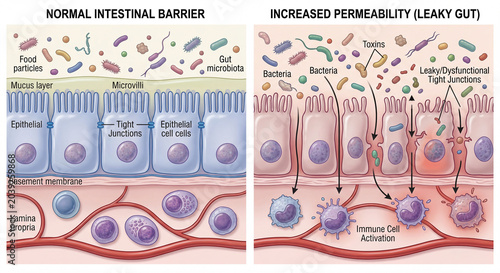 Educational medical illustration showing increased intestinal permeability and leaky gut syndrome, highlighting gut barrier function, microbiota interaction, and digestive health.