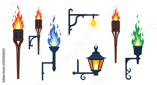 Collection of various traditional torches and wall lanterns with flames of different colors like red, blue, and green.