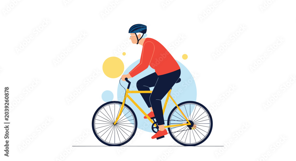 Fototapeta premium Active senior man riding a yellow bicycle outdoors against a white background with colorful abstract circles.