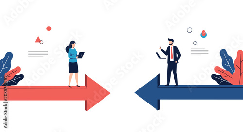 Businessman and businesswoman standing on red and blue arrows pointing in opposite directions representing a choice or conflict in ideas.