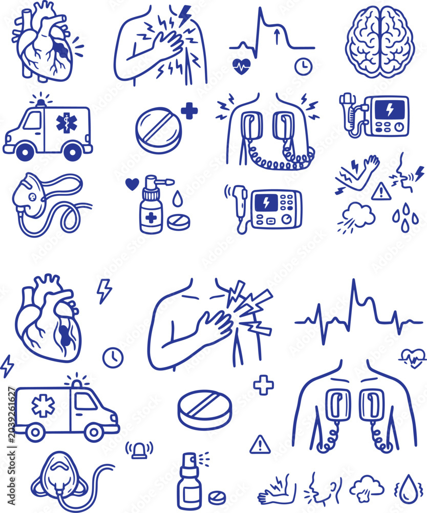 Obraz premium Set of Hand Drawn Doodle Heart Attack Icons | Vector Cardiac Emergency Line Art