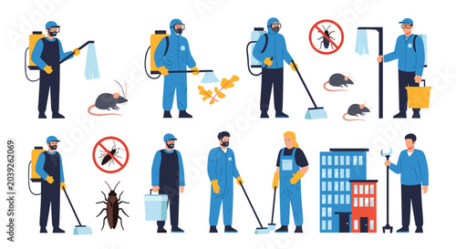 Set of pest control professionals in blue uniforms and protective gear using various tools to exterminate cockroaches and rodents in buildings.