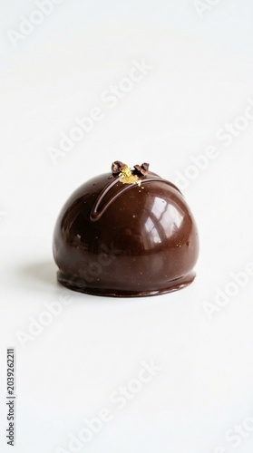 Premium chocolate praline with rich glossy coating and selective focus, isolated on clean white background