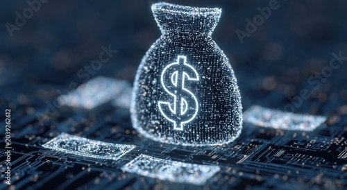 Money symbol as a digital finance technology icon on a dark circuit board background