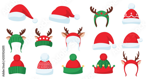 Large collection of festive Christmas and holiday themed hats including santa caps, reindeer antlers, and elf hats for seasonal celebrations and parties.