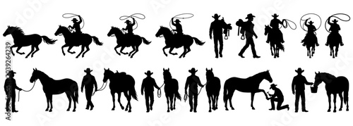 Foto Wild West cowboy and his horse silhouette icon set, isolated on white background