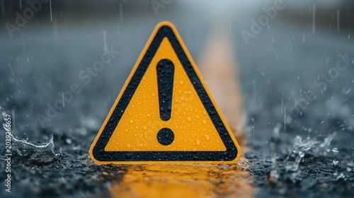 Warning sign on a wet road during heavy rain indicating caution and traffic hazard