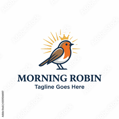 stylized European robin royal crown morning sun for boutique hotels, luxury services, premium Logo Design