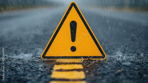 Warning sign with exclamation mark on dark asphalt road for caution and safety