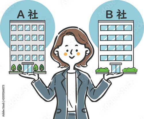 会社を比較するキャリアウーマン　ベクター