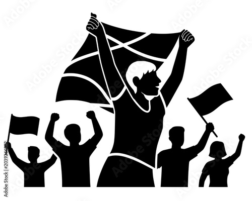 Tableau sur toile Vector silhouette of a crowd raising flags and fists, central figure holding large banner aloft