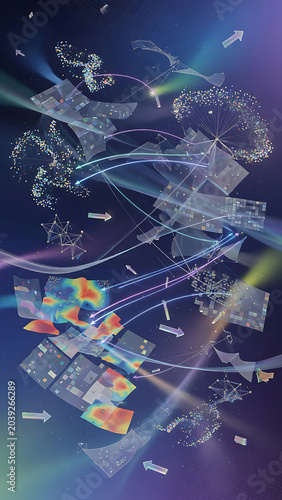 Abstract Digital Network Concept Featuring Floating Geometric Data Panels With Radiant Light Beams