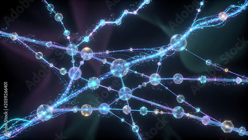 Abstract Digital Network Of Glowing Blue Spheres Connected By Radiant Light Lines On Dark Background