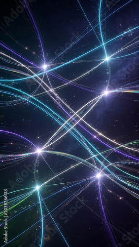 Abstract Digital Network Of Glowing Light Streaks In Vibrant Teal And Purple Against Dark Background