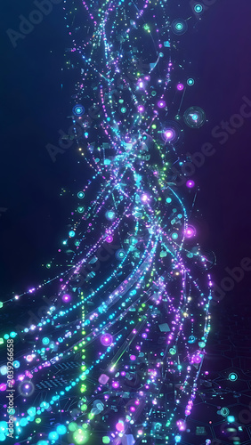 Abstract Swirling Vortex Of Neon Light Particles With Glowing Blue And Purple Geometric Shapes Motion