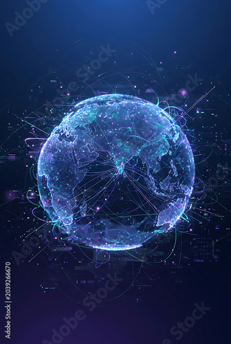 Digital Globe With Network Connections And Data Particles On A Dark Blue Background Technology View